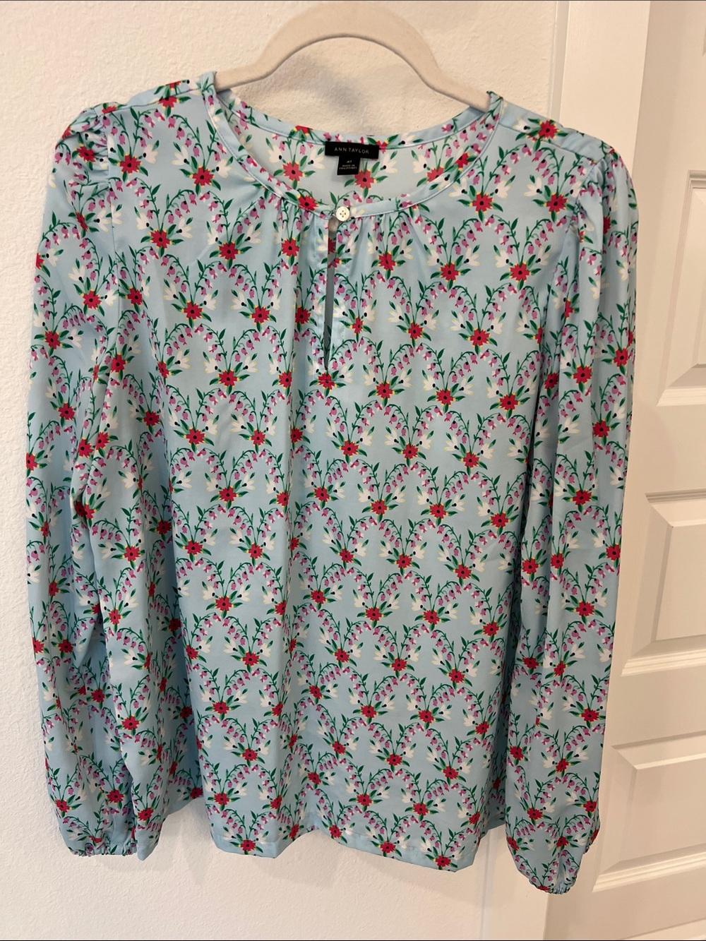 Ann Taylor Light Blue Floral Long Sleeve Top with Pink & Green Accents